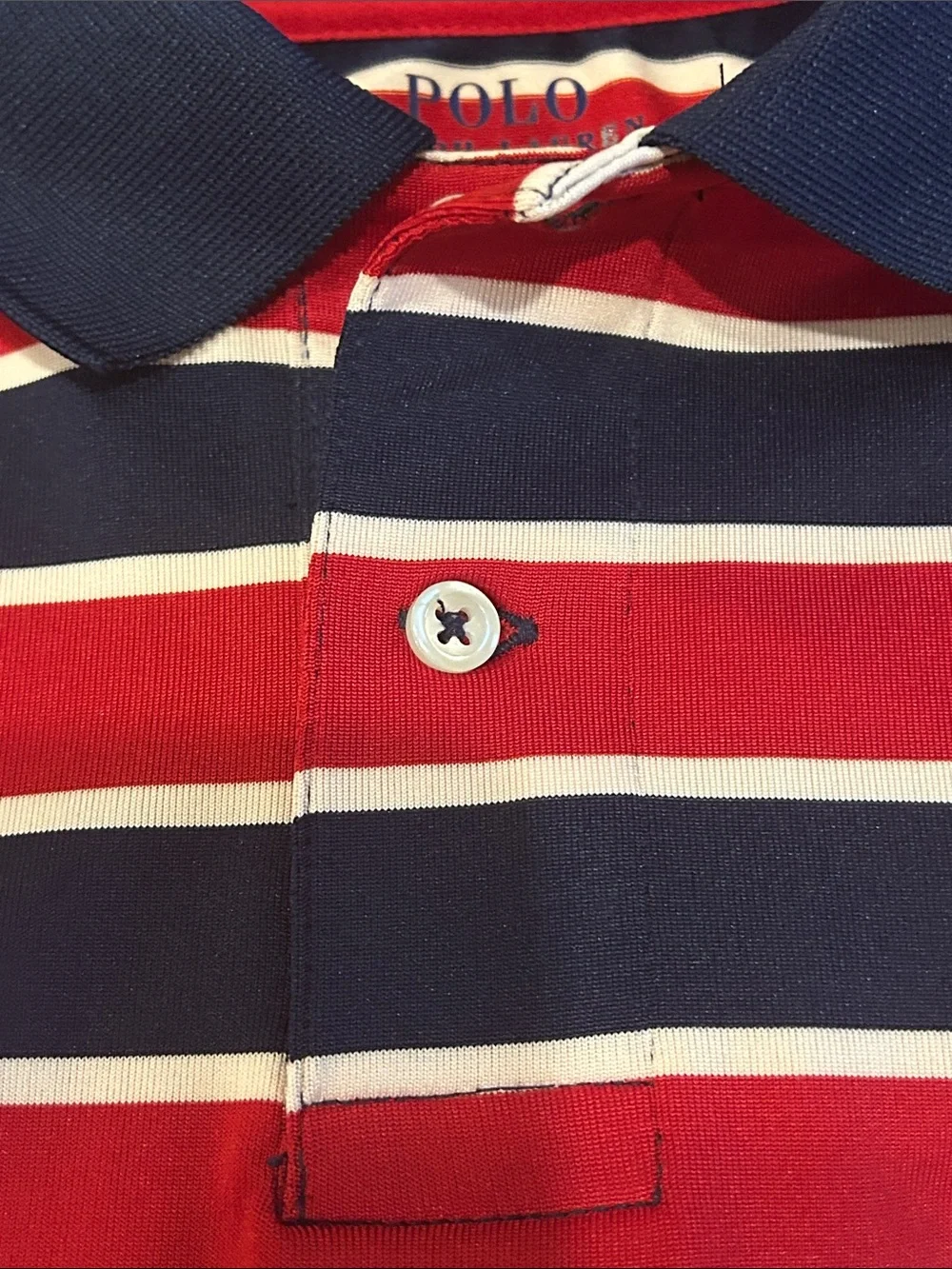 Polo Ralph Lauren Boys M 10-12 Red, Navy & White Striped Performance SS Shirt